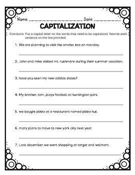 Capitalization Worksheet by Learning is Lots of Fun | TPT