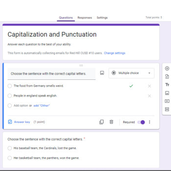 Preview of Capitalization and Ending Punctuation Warm Up Google Forms