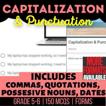 Preview of Capitalization and Punctuation Google Forms | Commas Quotations Possessive Nouns