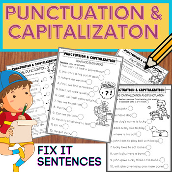 Preview of Capitalization and Punctuation Practice Worksheets / Fix up the sentences