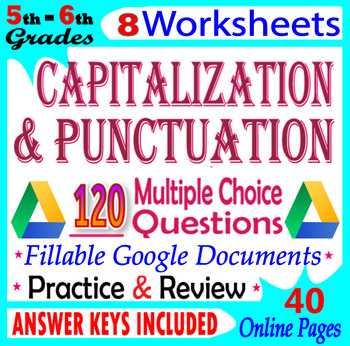 Preview of Capitalization and Punctuation Worksheets. 5th-6th Grade ELA Review Google Docs
