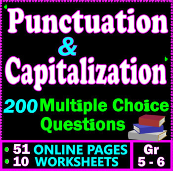 Preview of Capitalization and Punctuation worksheets. 200 MCQs. 5th-6th Grade ELA Review