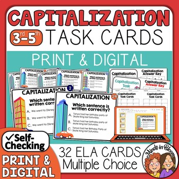 Preview of Capitalization Practice Task Cards | Print & Google & Self-Checking Easel