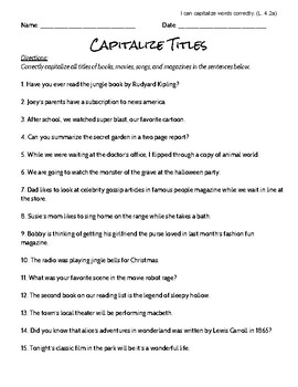 Capitalize Titles Worksheet and Answer Key by To Fourth and Beyond