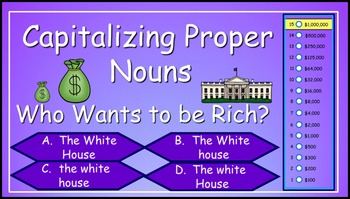Preview of Capitalizing Proper Nouns Power Point Millionaire Game