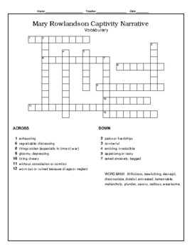 Preview of Captivity Narrative of Mary Rowlandson Vocabulary Crossword Puzzle (WITH Bank)