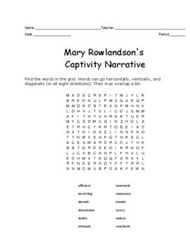 Preview of Captivity Narrative of Mary Rowlandson Vocabulary Word Search (No Definitions)