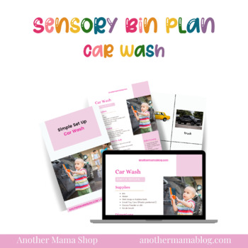 Preview of Car Wash Simple Setup Sensory Bin Plan with Printable Vocabulary Cards!