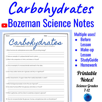 Preview of Carbohydrates Comprehensive Worksheet | Bozeman Science
