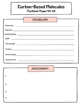 Preview of Carbon Based Molecules Macromolecules Vocabulary and Assessment Worksheet