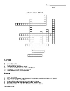 Carbon in Life and Materials Crossword for Physical Science TPT