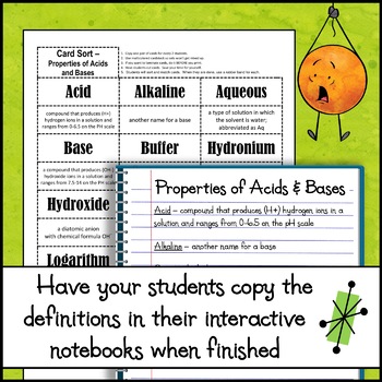 Card Sort Activity - Properties of Acids and Bases - Vocabulary Terms