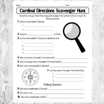 Cardinal Directions Scavenger Hunt/ North South East West/ Compass Rose
