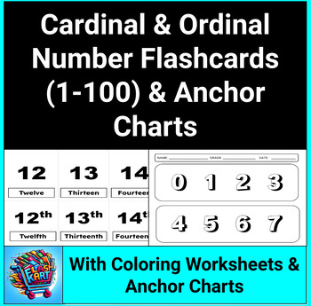 Preview of Cardinal and Ordinal Number Flashcards/Labels (1-100) & Number Coloring Sheets