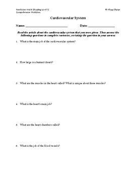 Preview of Cardiovascular System Article (Reading Level 1) Comprehension Worksheet