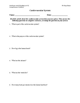 Preview of Cardiovascular System Article (Reading Level 2) Comprehension Worksheet