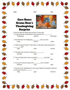 Preview of Care Bears Grams Bear's Thanksgiving Surprise Video Questions