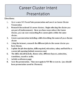 Preview of Career Cluster Presentation Research/ Career Exploration Handout
