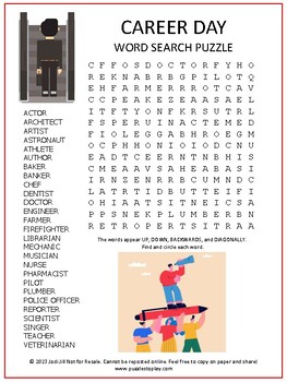 Preview of Career Day Occupations Word Search Puzzle | Vocabulary Activity Worksheet