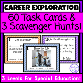 Preview of Career Exploration Task Cards and Write the Room Scavenger Hunt Career Day SPED