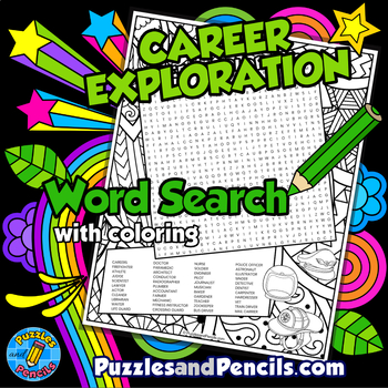 Preview of Career Exploration Word Search Puzzle Activity Page with Coloring | Career Day