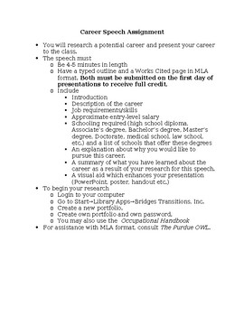 Preview of Career Speech Assignment, Rubric & Career Outline Template