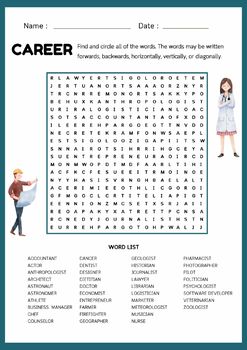 Preview of Career Word Search Worksheet Activity No prep