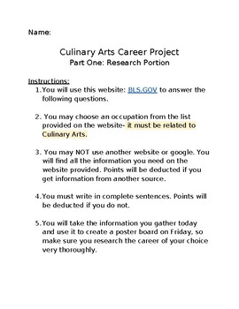 Preview of Career in Culinary Arts Research and Poster