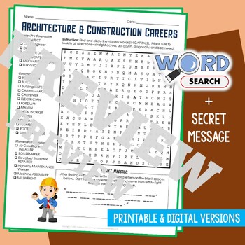 Preview of Careers in ARCHITECTURE & CONSTRUCTION Word Search Puzzle Activity Worksheet