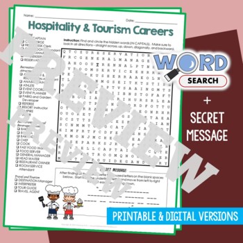 Preview of Careers in HOSPITALITY AND TOURISM Word Search Puzzle Activity Worksheet