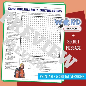 Preview of Careers in LAW, PUBLIC SAFETY, CORRECTIONS Word Search Puzzle Activity Worksheet