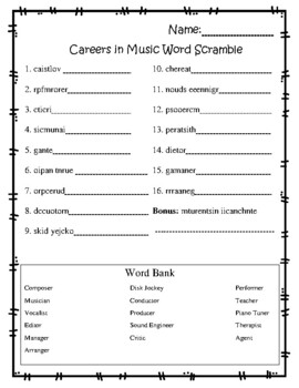 Preview of Careers in Music Word Scramble- Freebie!