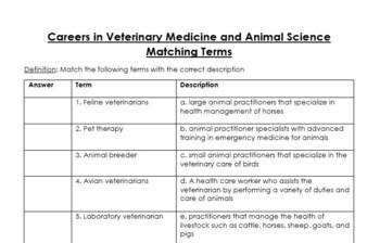 Careers in Veterinary Medicine and Animal Science Matching Terms