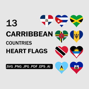 Preview of Caribbean Countries Heart Love Shape Flags Cricut Vector SVG PNG JPG PDF EPS AI