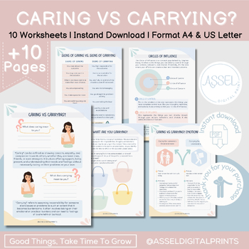 Preview of Caring vs Carrying workbook, Healthy Boundary Setting Worksheets
