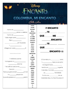 Preview of Carlos Vives - "Colombia, Mi Encanto'' Cloze Song Sheet *with VIDEO W/ LYRICS*
