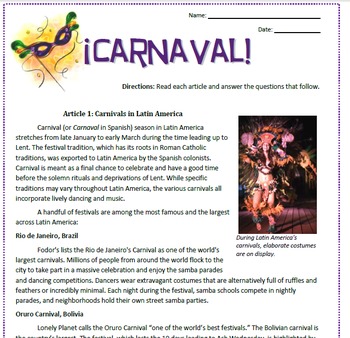 Preview of Carnaval: Latin American Carnival Reading Activities and Substitute Plan