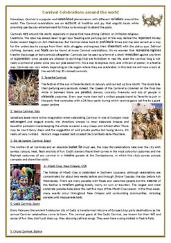 Preview of Carnival Celebrations Around the World - Reading Comprehension Worksheet