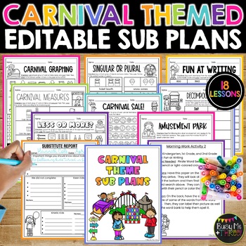 Preview of Carnival Themed Math and ELAR Editable Sub Plans | NO PREP Activities