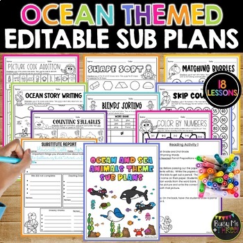 Preview of Ocean Themed Math and ELAR Editable Sub Plans | NO PREP Activities