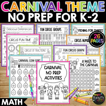 Preview of Carnival Themed No Prep Math Worksheets for K-2 | Field Trip | Time | Shapes