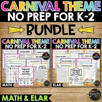Preview of Carnival Themed No Prep Math and ELAR BUNDLE  | Worksheets for K-2 | Circus