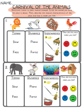 Preview of Carnival of the Animals Listening Activity using Elements of Music Worksheet