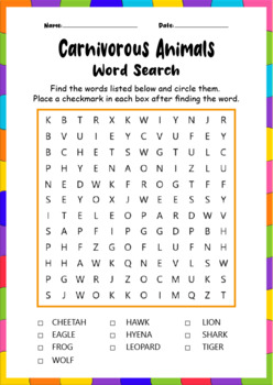 Preview of Carnivorous Animals Names Fun Vocabulary Word Search Worksheet Puzzle