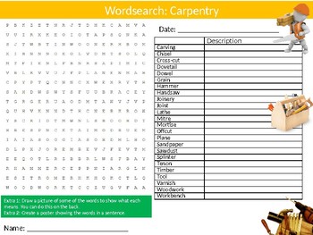 Preview of Carpentry Wordsearch Puzzle Sheet Keywords Woodwork Wood-Shop Tools