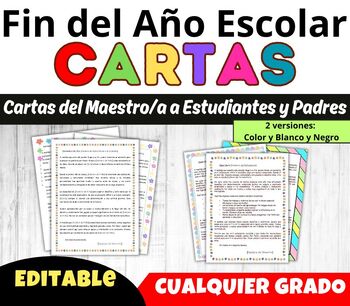 Preview of Cartas Editables de Fin de Año para Estudiantes y Padres del Maestro/a | Último