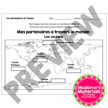 Carte de partenaires: les continents et les océans -- French Partner Map  Handout