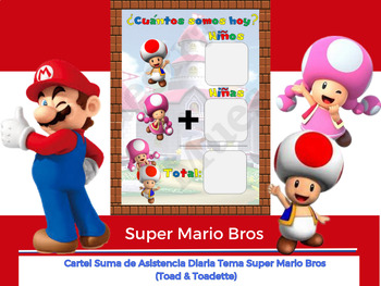 Preview of Cartel Suma de Asistencia Diaria Tema Super Mario Bros (Toad & Toadette)