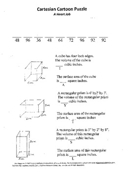 Preview of Cartesian Cartoon Puzzle,middle school graphing,volumes,surface area,Heart Job