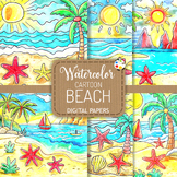 Cartoon Beach - Watercolor Doodle Sunny Seaside Digital Pa